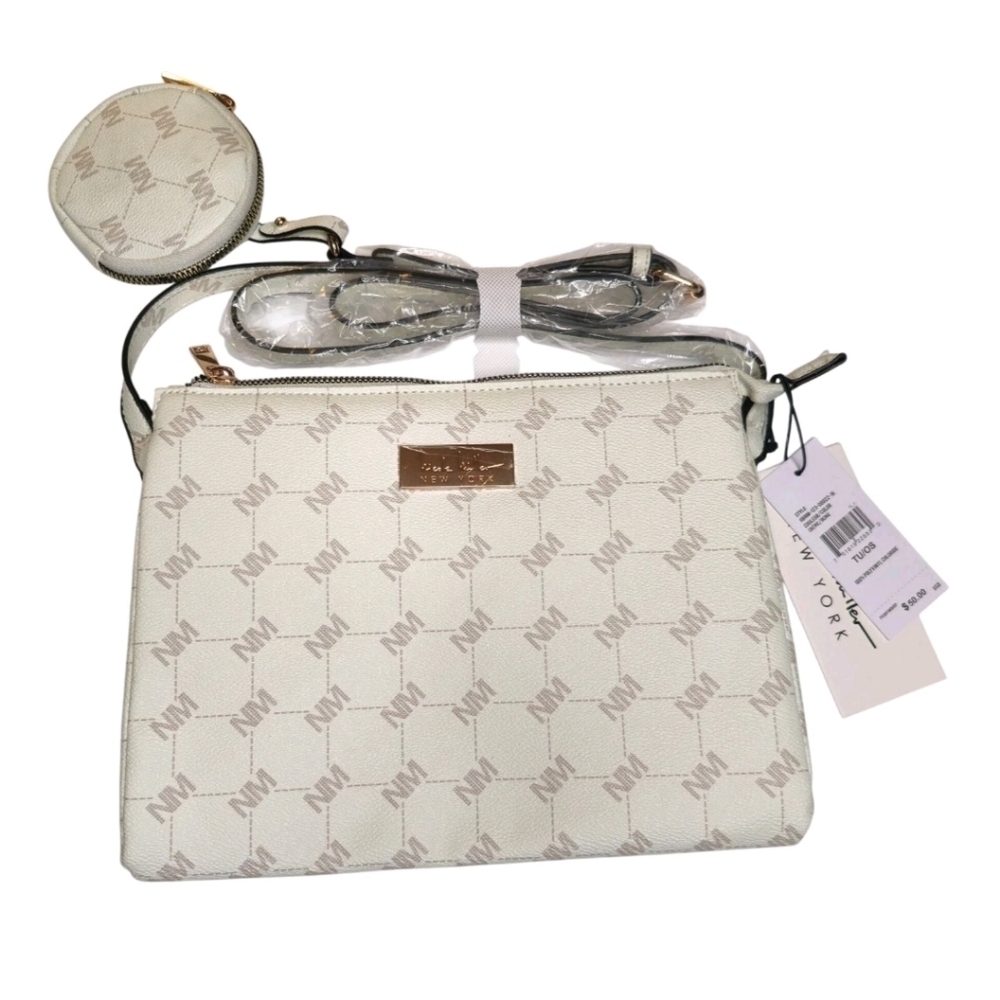 CLEARANCE! Nicole Miller 2-Piece Bag Set, Bone, Bag: 10×8×2.5, Pouch: 4×1, NWT - Picture 2 of 7
